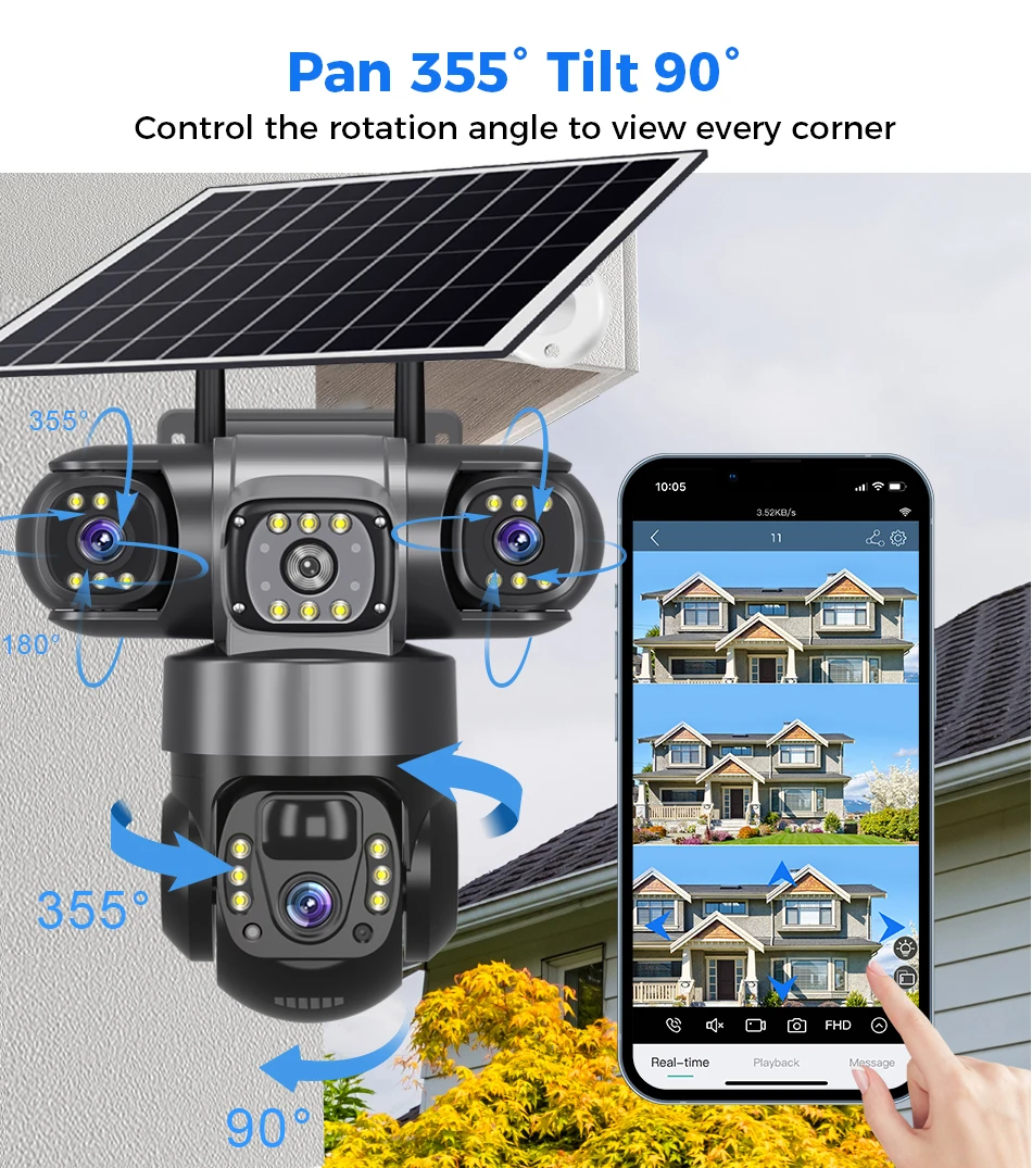 Solar Camera Outdoor, Triple Lens with Zoom, PIR Motion Detection, CCTV Surveillance, Smart Alerts