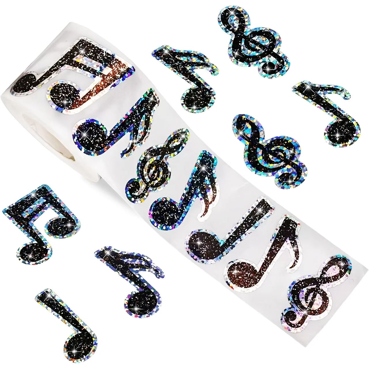 Laser Musical Note Reward Stickers Roll – 500 Shiny Black Decals for Crafts & Scrapbooking