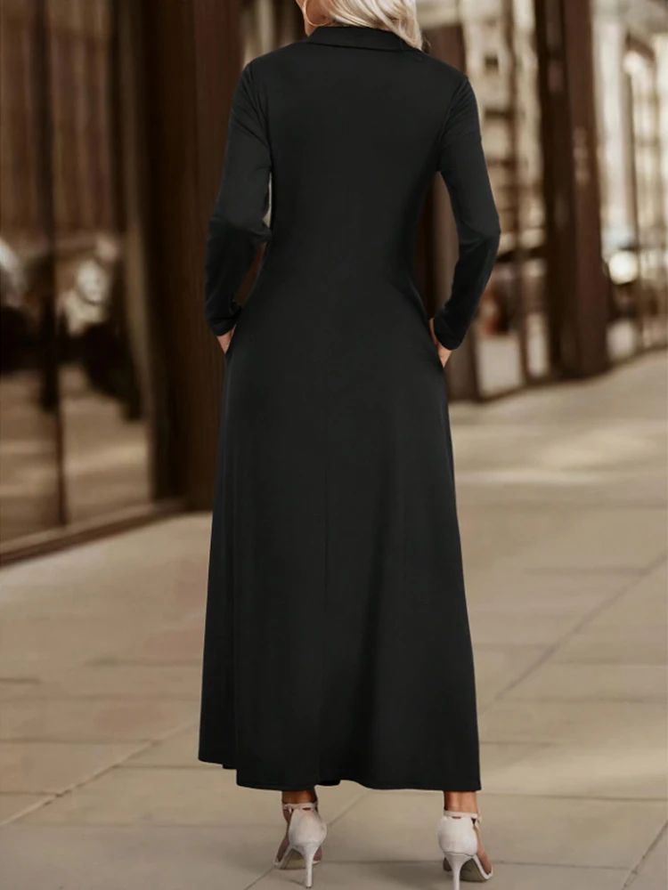 Elegant Long Sleeve Maxi Dress with Pockets – Spring-Autumn Slim Shirt Dress