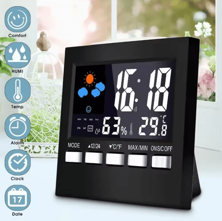 Multi-Function LCD Weather Station Clock – Indoor Temperature & Humidity Monitor with Voice Control