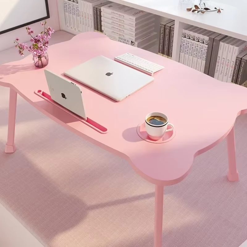Cute Bear Bed Desk with Cup Holder, Foldable Laptop Table, Waterproof Anti-slip Tatami Table for Dormitory Student
