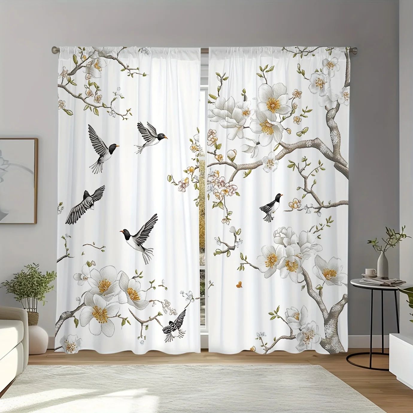 Floral Bird Print Polyester Curtain Set
