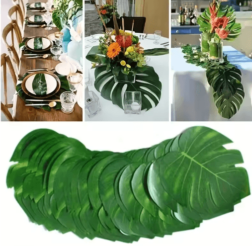 Hawaii Artificial Palm Leaf Set – Tropical Jungle Table Decor & Placemats (10pcs