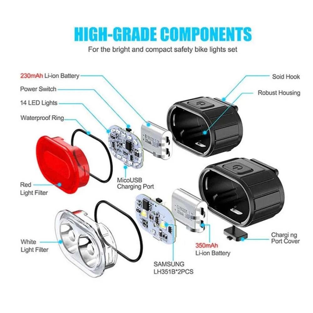 Cycling Bicycle Front Rear Light Set USB Rechargeable Waterproof LED Headlight Taillight