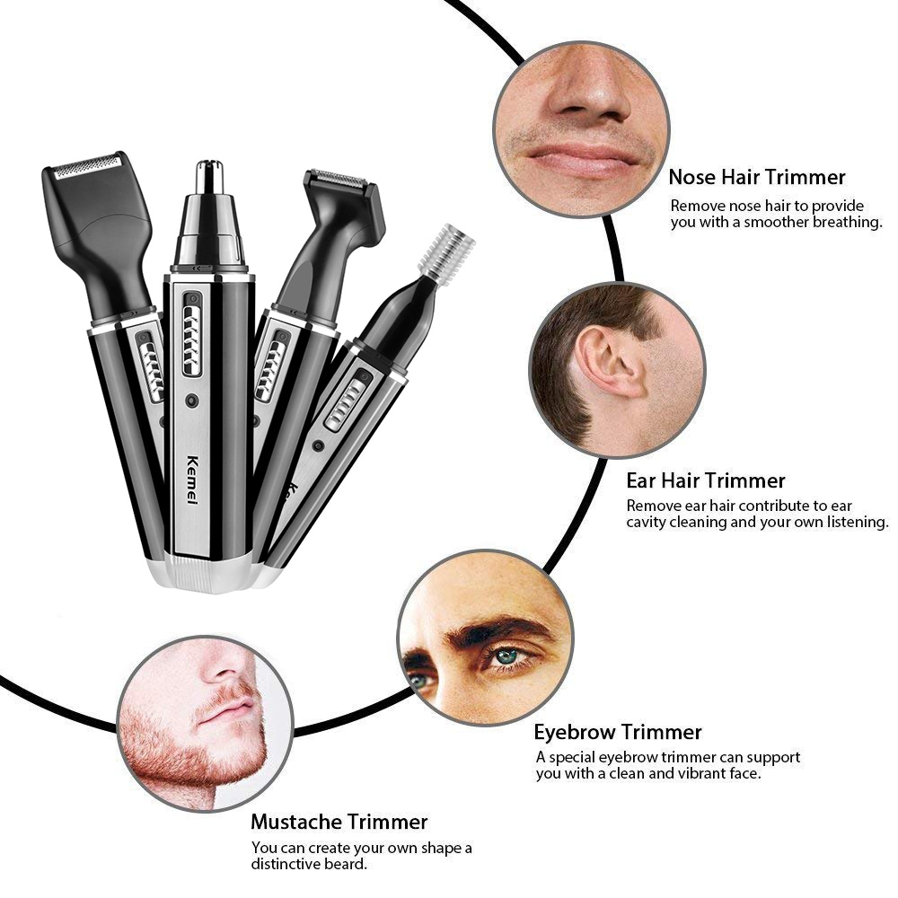Rechargeable Nose & Ear Trimmer for Men Multi Head Beard & Nose Hair Removal Grooming Kit