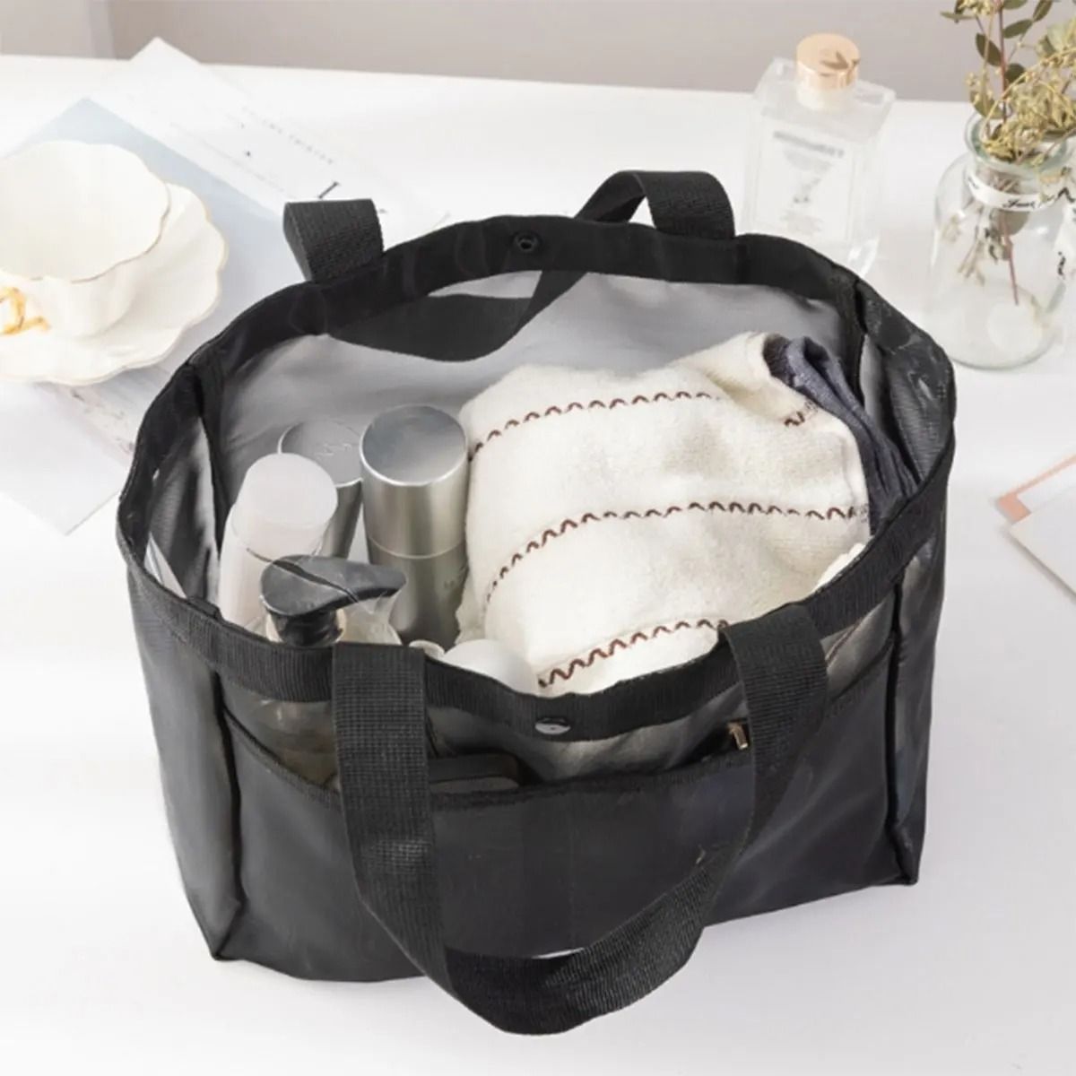 Solid-Color Transparent Gauze Shoulder and Beach Bag