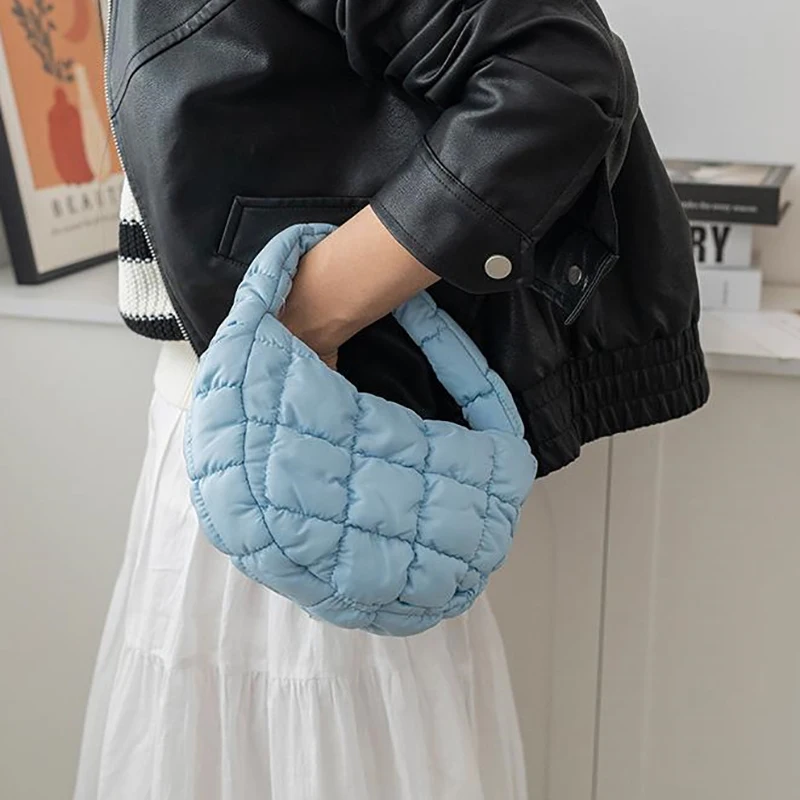 Elegant Purple Soft Nylon Mini Puffer Tote Bag Quilted Circle Phone Purse Simple Trend Handbag