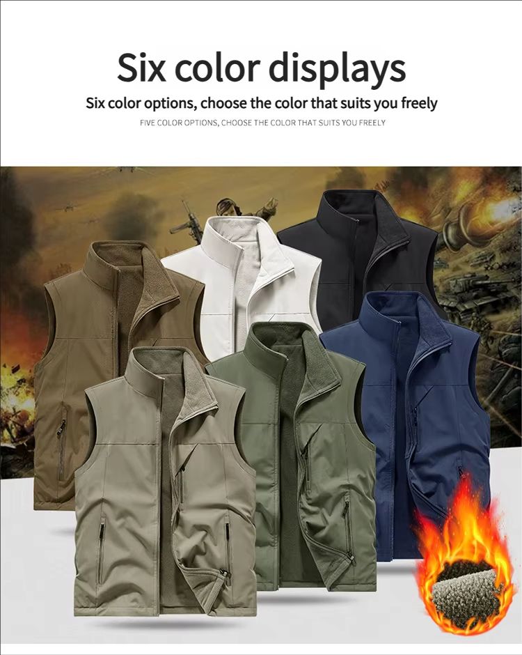 Men's Fleece Tactical Vest Warm Outdoor Hunting Fishing Vest Multi Pocket Military Waistcoat