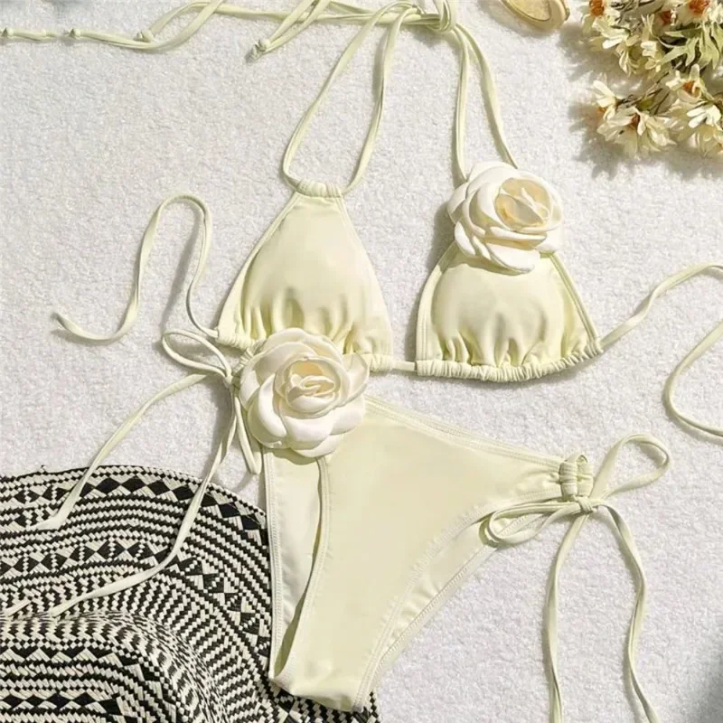 Sexy Flower Bandeau Thong Bikini, Lace-up Swimwear 2025 Women, Brazilian Bikinis Set Mujer, Swimming Bathing Suit