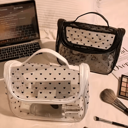 Large-Capacity Heart Mesh Makeup Bag – Frosted Transparent Cosmetic Travel Pouch