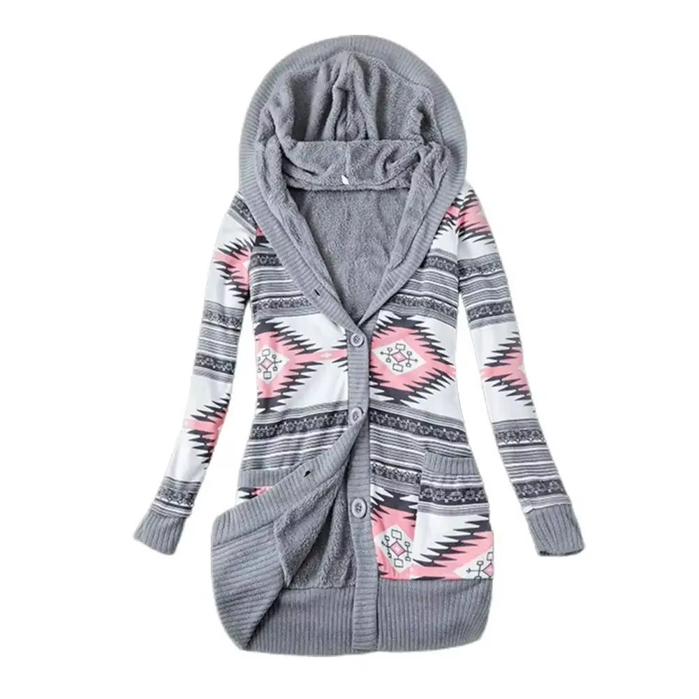 Cozy Striped Hooded Women's Cardigan – Plush Lined, Long Sleeve Autumn Winter Sweater Coat