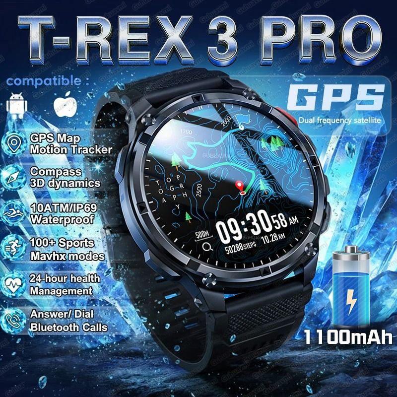 T-Rex 3 Pro GPS Smart Watch – 120-Day Standby, 1100mAh Battery – Rugged Outdoor Sport 10ATM Waterproof Watch