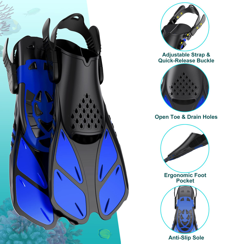 Short Silicone Snorkel Fins, Adjustable Buckles, Open Heel Diving Shoes for Adults, Travel Size