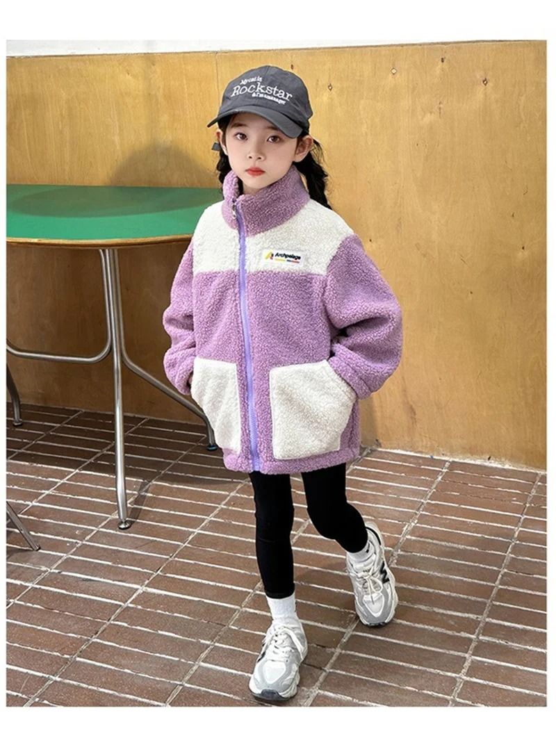 Girls Lamb Wool Winter Jacket Warm Velvet Lined Kids Padded Coat