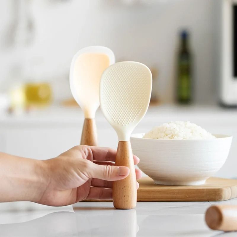 Silicone Cooking Spoon with Wooden Handle Nonstick Heat Resistant Kitchen Tool