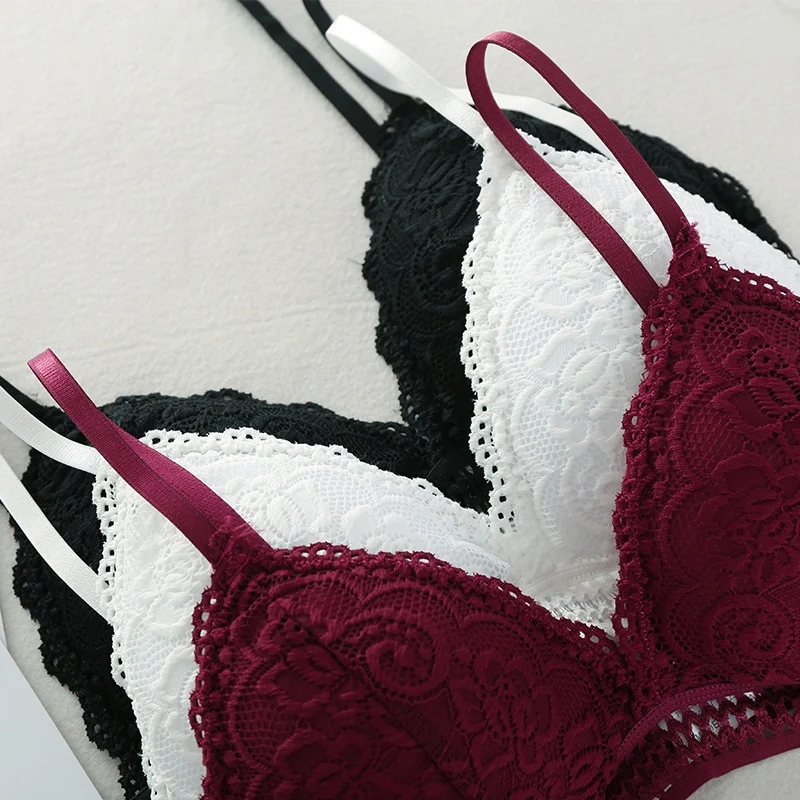 French Lace Women Bralette Soft Deep V Brassiere, No Steel Ring Beauty Back Bra, Girls Triangle Cup Padded Underwear