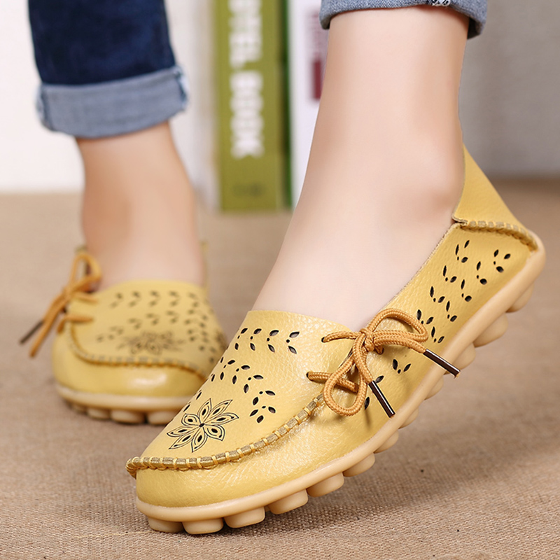 Soft Genuine Leather Womens Flats, Casual Breathable Slip-On Loafers & Summer Driving Shoes