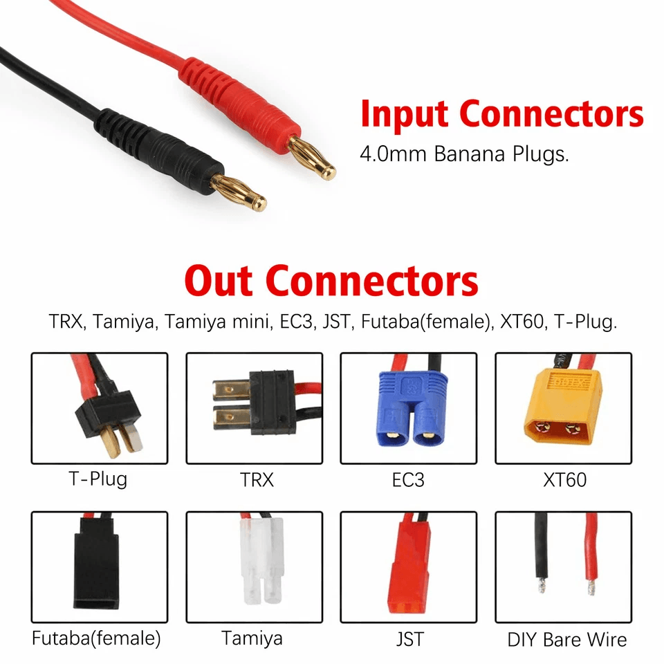 RC Charger Splitter Cable, Lipo Battery Connector Adapter with XT60, T-Plug, EC3, Tamiya & JST Leads