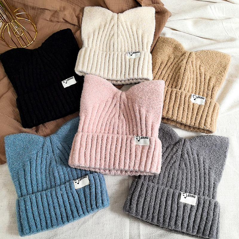 Sweet Cat Ears Beanies For Women Winter Warm Ear Protection Autumn Pullover Knitted Hats Versatile