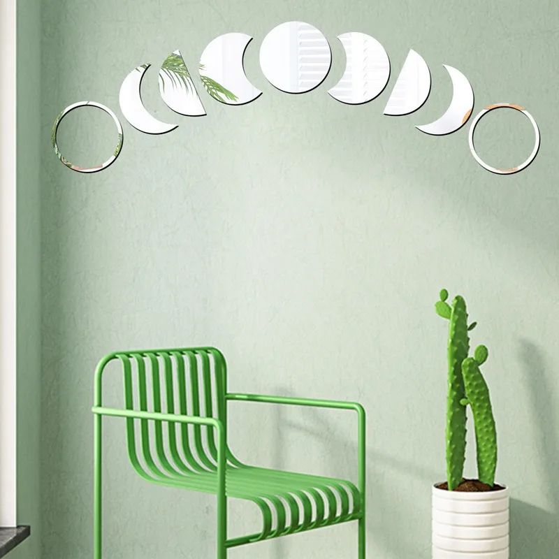 Moon Phase Mirror Wall Stickers Set (9-Piece Acrylic Mirror Decals)