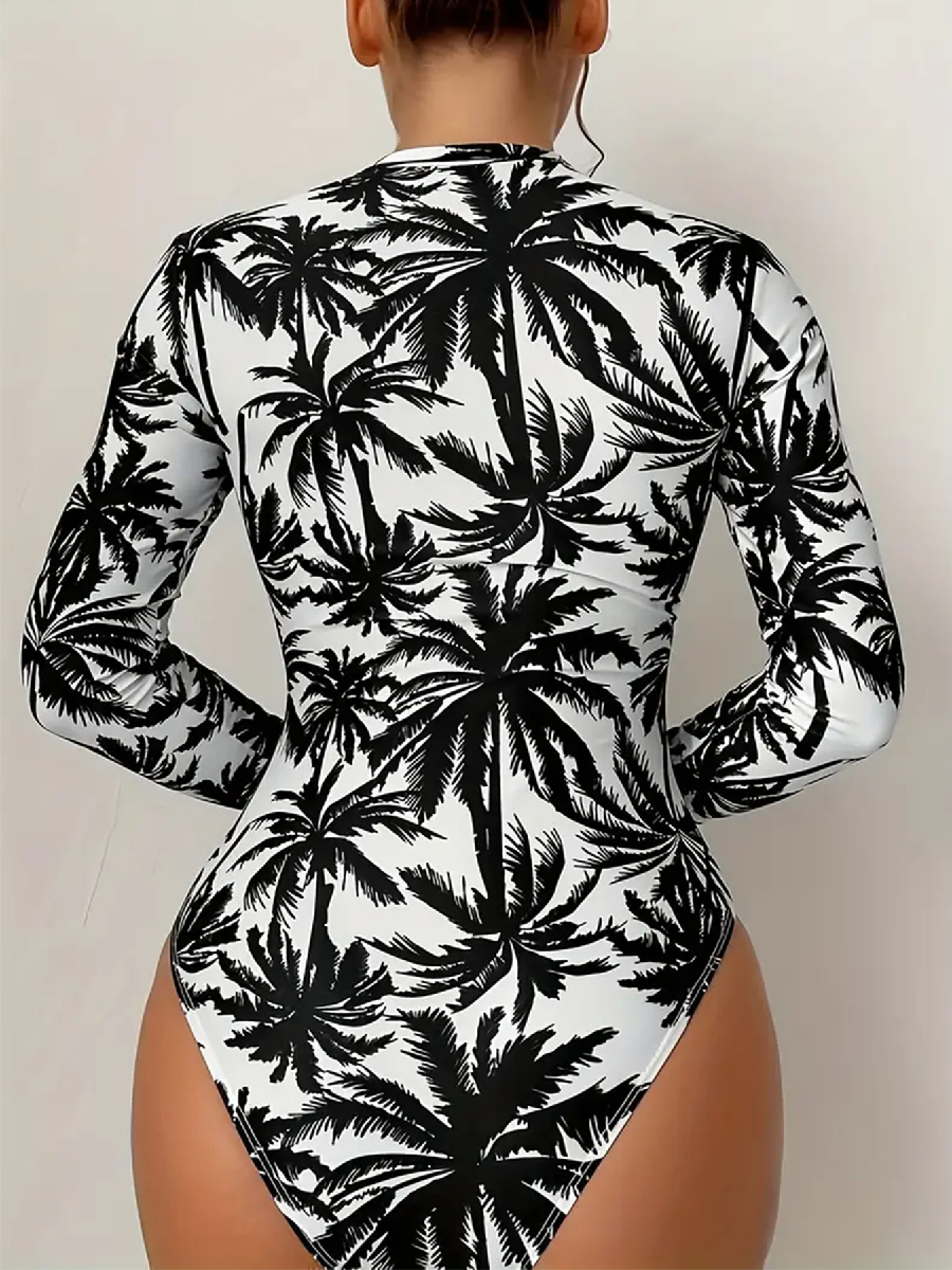 Womens Palm Tree Print Swimsuit, Sexy Long Sleeve Bikini Set, High Stretch Swimwear, Black and White Beach Fashion