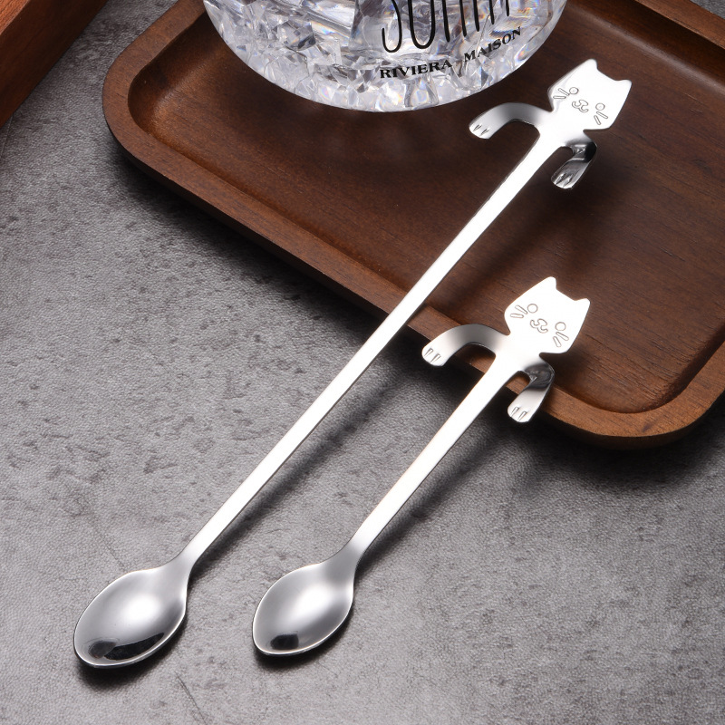 Stainless Steel Cat Spoon, Creative Cartoon Hanging Edge Spoon, Cute Coffee Spoon, Gold-plated Stirring Spoon for Tea