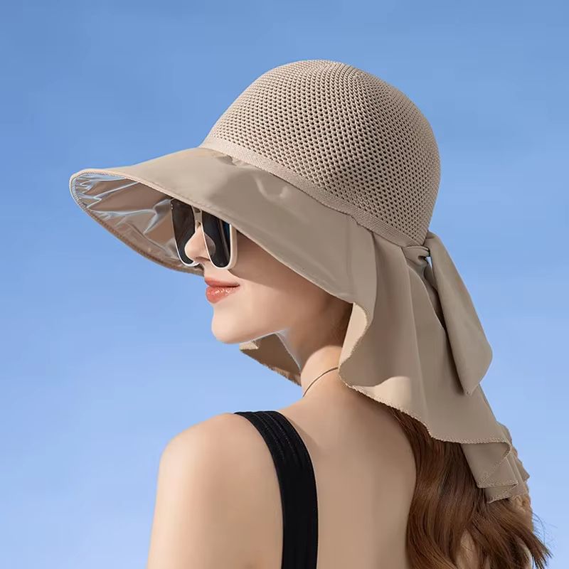 Women's Summer Sun Hat with Face and Neck Protection – Lightweight Mesh Bucket Hat with Shawl and Bow Detail