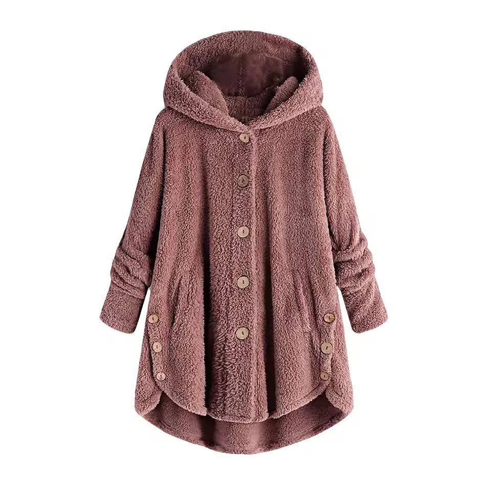 CosyHood Wool Blend Hooded Womens Coat, Warm Autumn Winter Solid Colour Plush Jacket