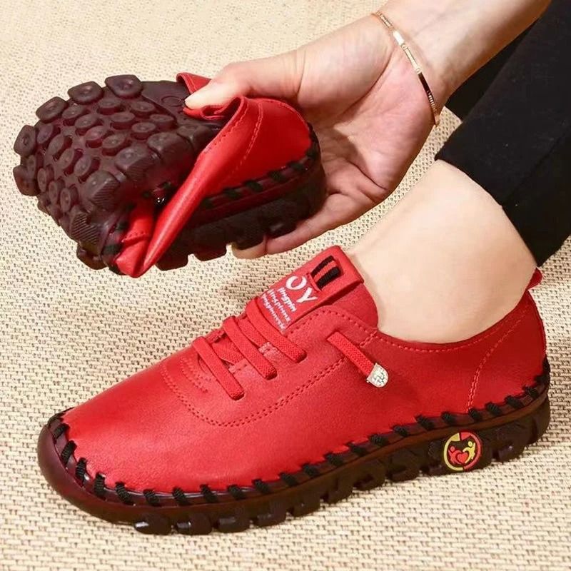 Women Leather Loafers Casual Lace Up Flat Shoes