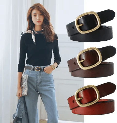 DINISITON Womens Genuine Leather Belt Vintage Gold Pin Buckle Strap for Jeans and Dresses