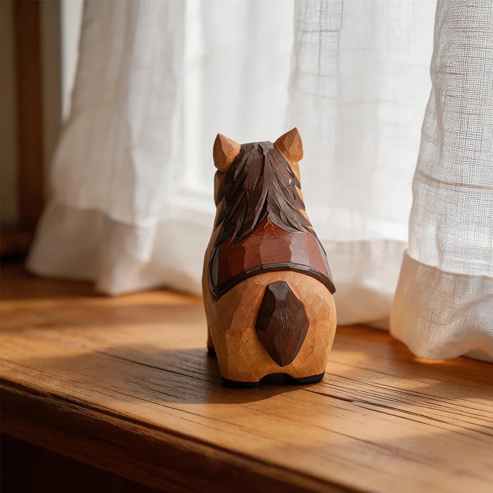 Handcrafted Wooden Horse Figurine Decor – Cute Rustic Animal Carving Desktop Ornament Gift