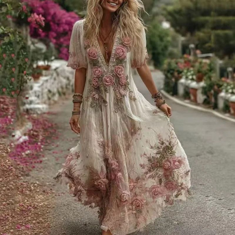 Bohemian Floral Maxi Dress Deep V Neck Pleated Summer Dress for Women