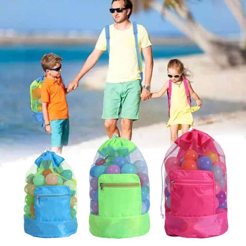Foldable Mesh Beach Toy Bag Drawstring Backpack with Zipper Pocket
