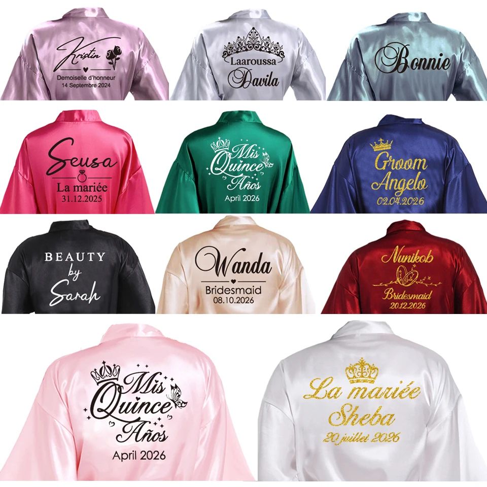 Personalized Faux Silk Bridal Robe with Custom Name & Date – Elegant Bride & Bridesmaid Getting Ready Robe