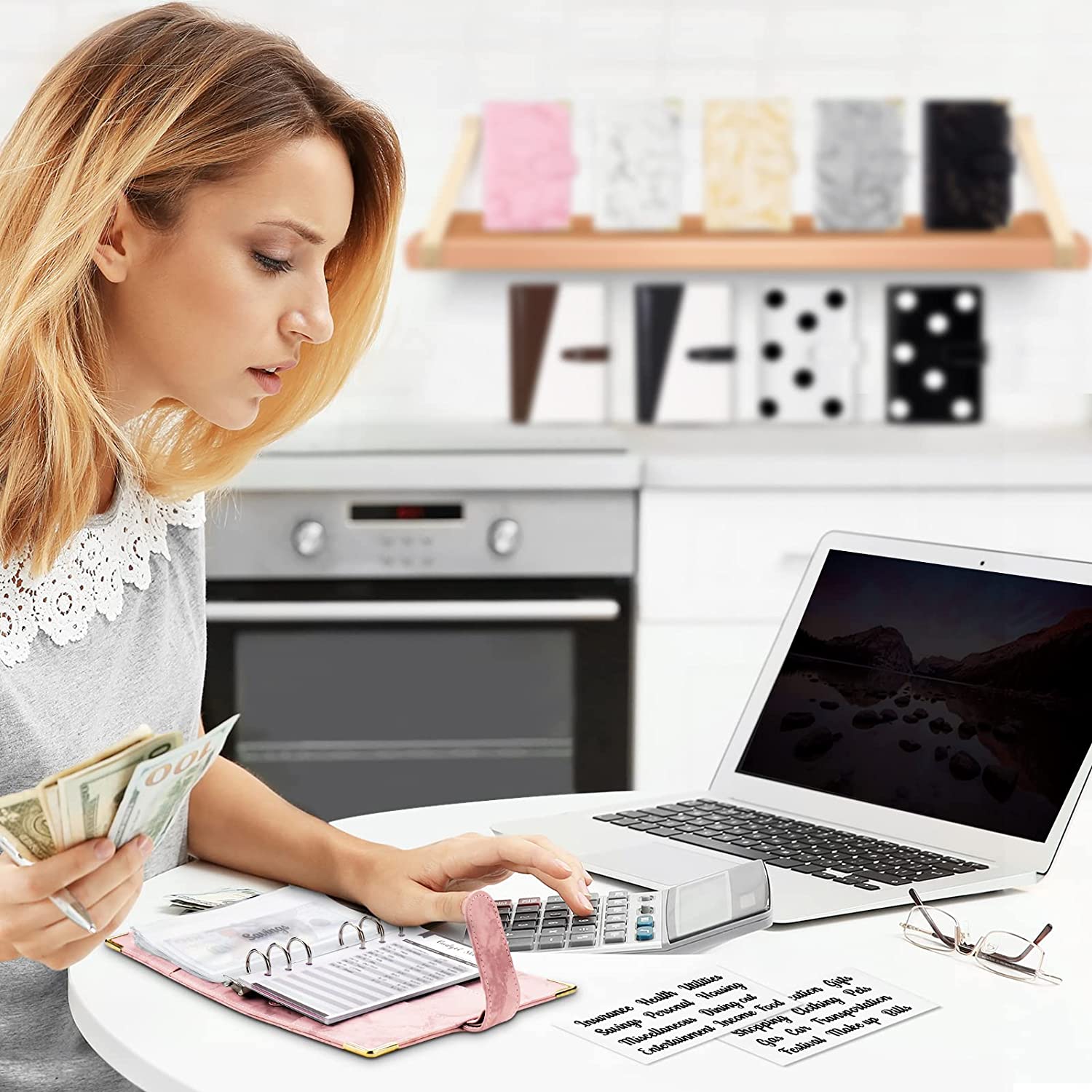 Money Saving Organiser, PU Leather Budget Binder, Marble Notebook, Budget Planner Envelope for Office & School Supplies