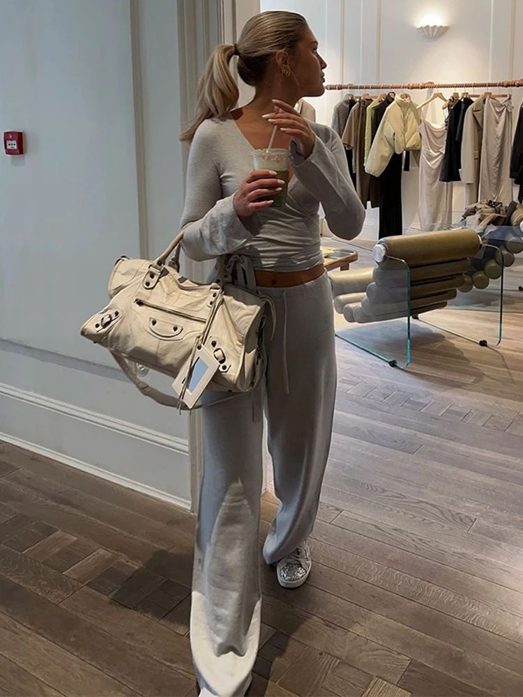 Absobe Women's Autumn Winter Knit 2-Piece Lounge Set – Flare Sleeve Crop Cardigan & Wide-Leg Pants Outfit
