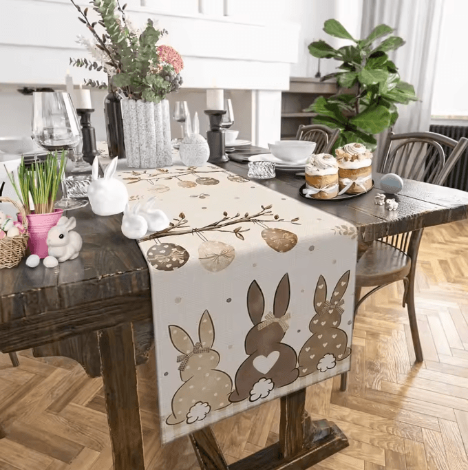 Easter Bunny Eggs Linen Table Runner – Rustic Spring Farmhouse Table Decor