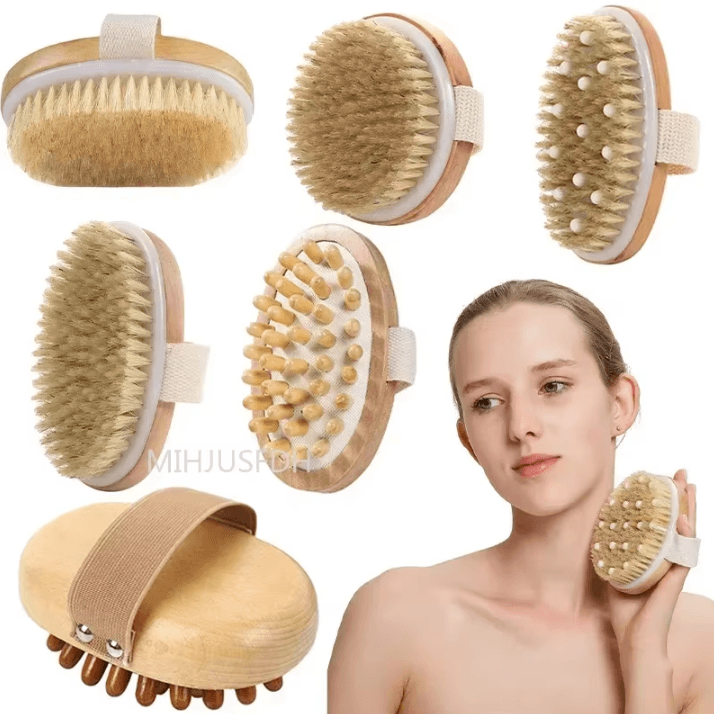 2-in-1 Natural Bristle Body Massage Brush – Dry Skin Exfoliator and Anti-Cellulite Circulation Massager