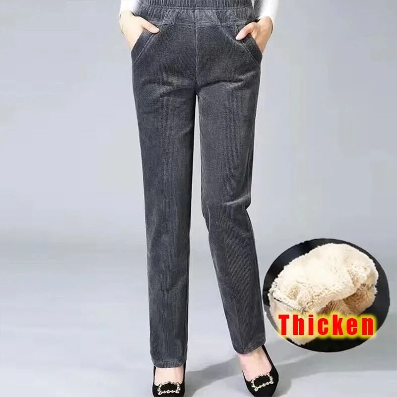 Womens High Waist Fleece Pants Elegant Corduroy Leggings Warm Winter Pencil Trousers