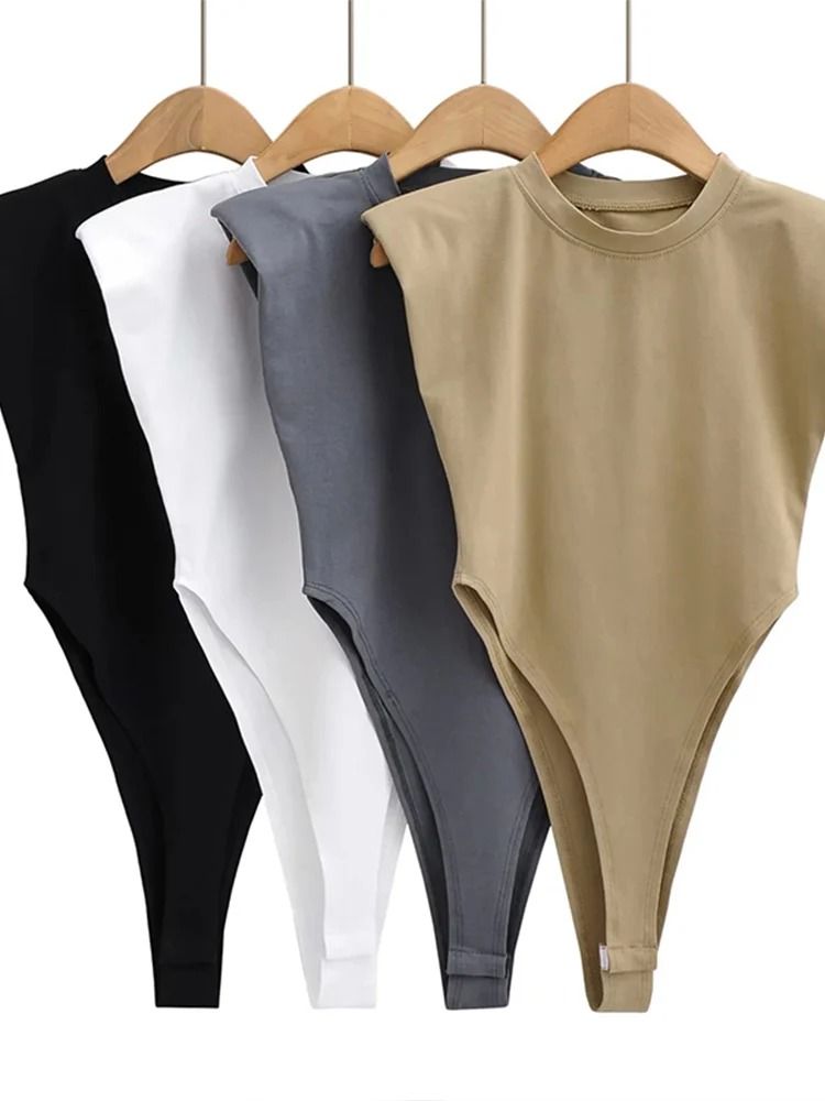 Padded Shoulder Bodysuit Women Summer One Piece Slim Fit Sleeveless Bodycon Top