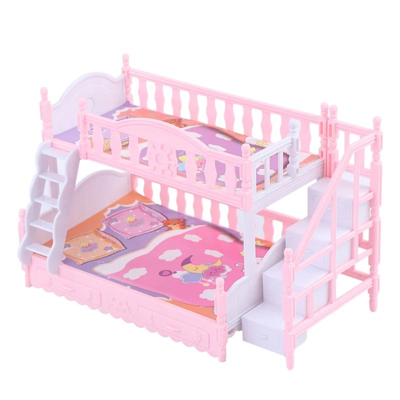 European Style dollhouse bunk bed with Ladder – Mini Double Bed miniature doll furniture for Dollhouse Bedroom Play