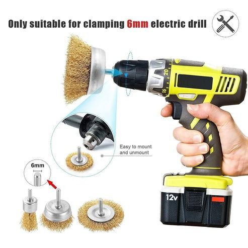Rust Removal Wire Brush Set, Cup and Wheel Brushes Shank, Carbon Steel Paint Stripping Drill Bits