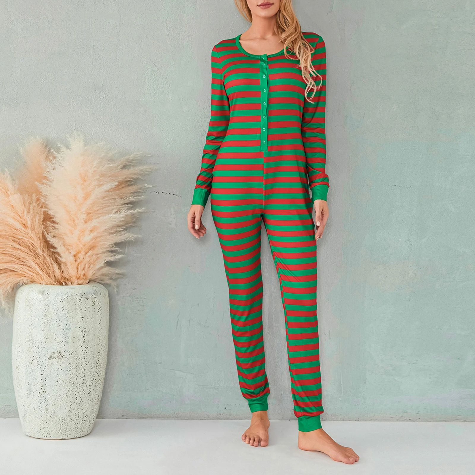Cozy Striped Button-Front Womens Pajama Romper – Long Sleeve Christmas Lounge Jumpsuit Sleepwear