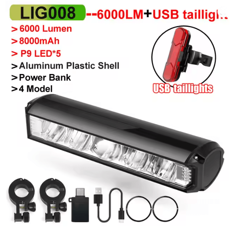 NEWBOLER 6000 Lumen Rechargeable Bicycle Light with 8000mAh Battery and Waterproof Design