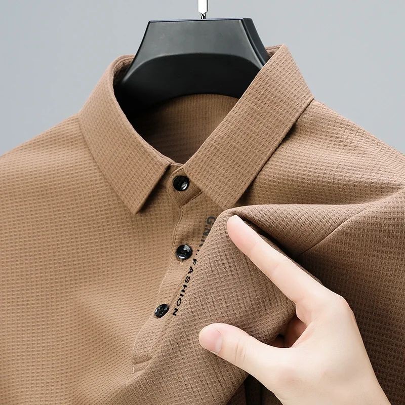 Men's Waffle Knit Polo Shirt – Long Sleeve Casual Letter Print Lapel Top