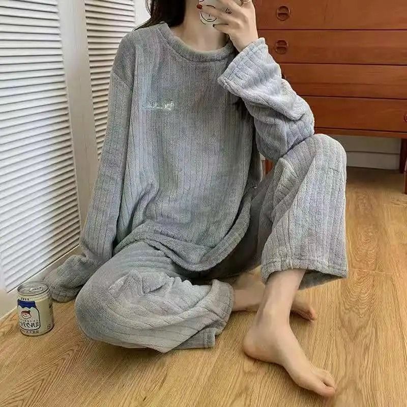 Womens Warm Velvet Ribbed Fleece Pajama Set Pullover and Pants