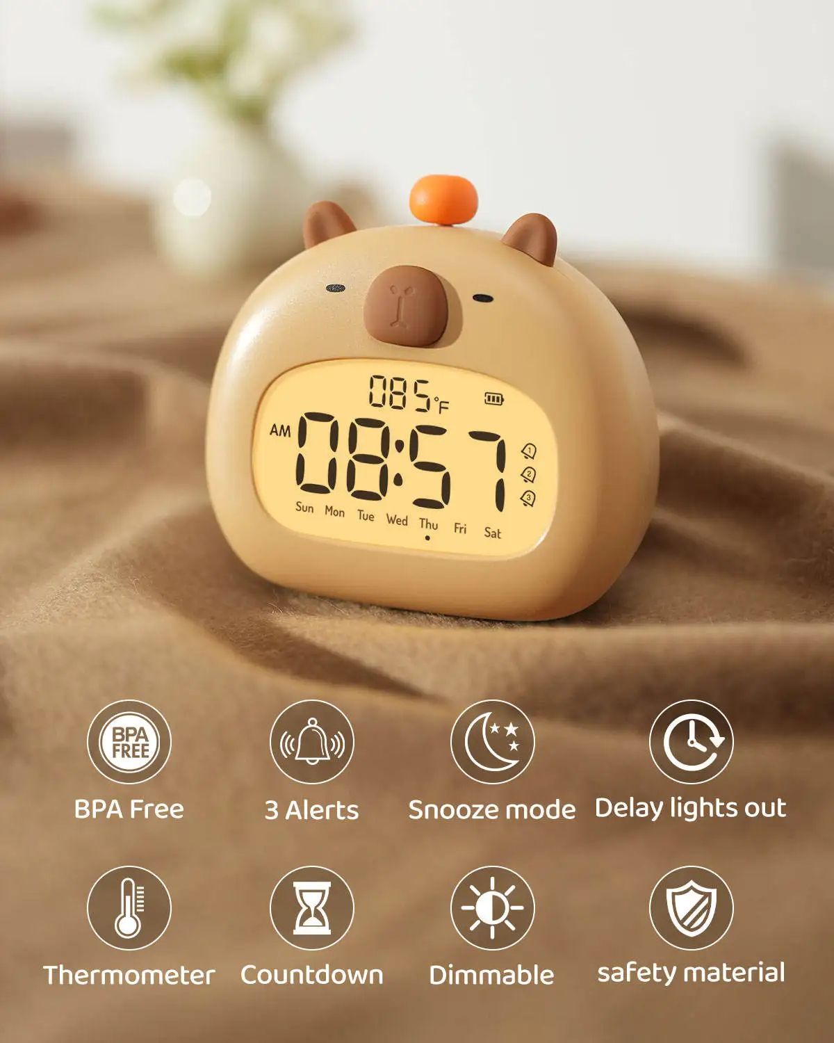 Cute Capybara Alarm Clock with Night Light & Timer – Kids Bedroom Multifunction Clock