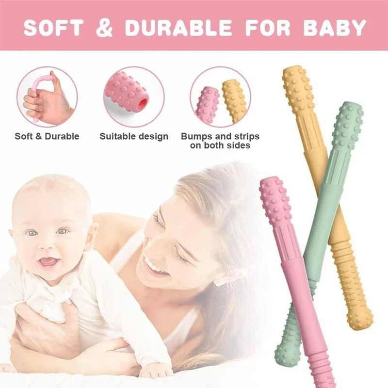 Silicone Baby Teether Straw Toy – Safe Chewable Molar Teething Toy with Easy-Grip Handle