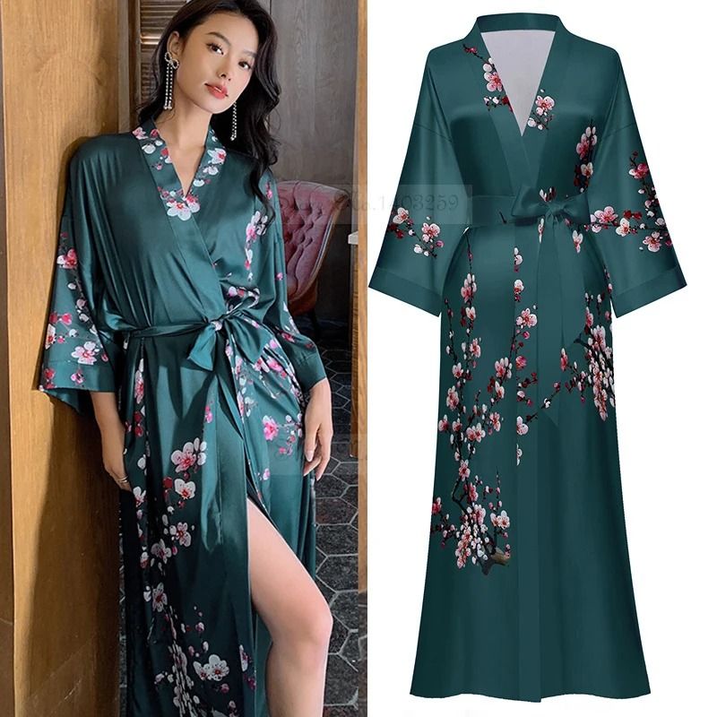 New Spring Summer Female Long Robe Set – Sexy Flower Print Kimono & Silk Satin Casual Lounge Wear