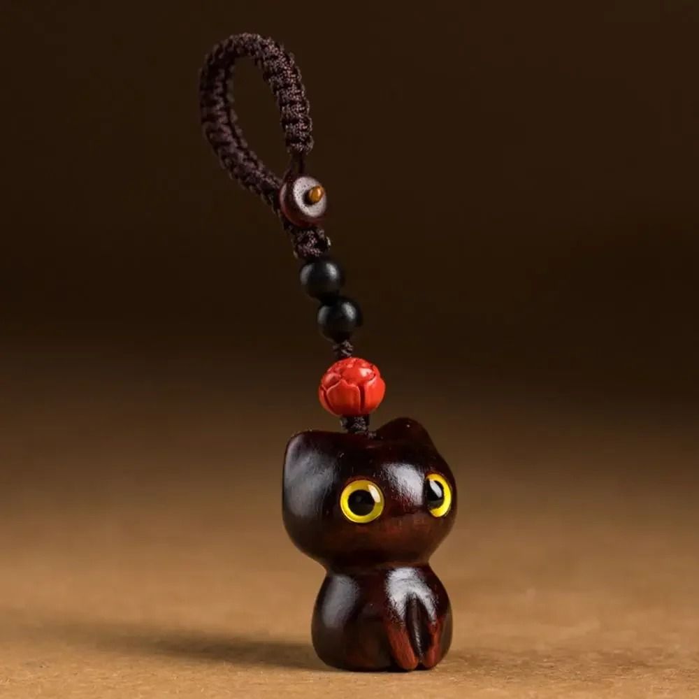 Creative Cute Cat Shape Lucky Blessing Charm Sandalwood Keychain Pendant